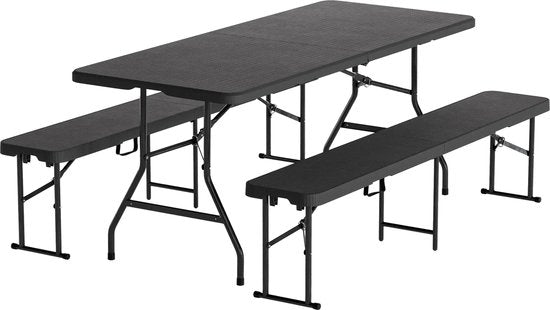 LifeGoods Inklapbare Picknickset - 180cm x 74cm - Tuintafel met 2 Banken - Weerbestendig - Campingtafel - Biertafel Opklapbaar - Voor Binnen en Buiten - Voor 6 tot 8 Personen - Rattan Zwart