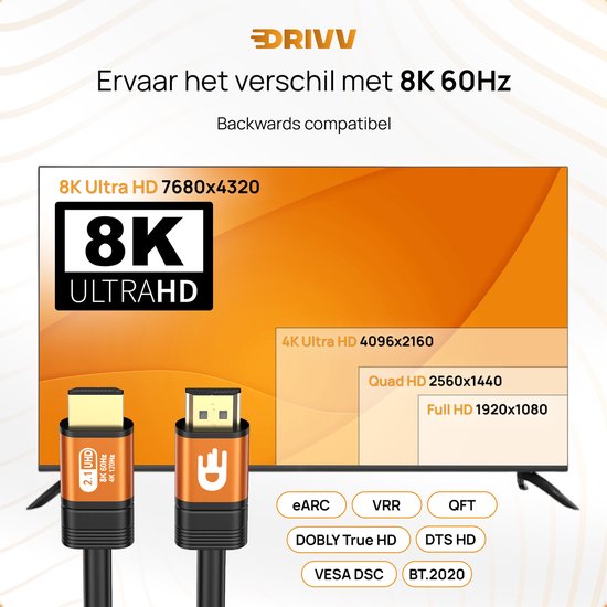 Drivv. Premium HDMI Kabel 2.1 - Ultra HD - 8K 60Hz - 4K 120Hz - Geschikt voor gameconsoles - 10 meter - Oranje