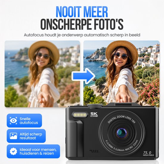 Strex Digitale Camera 5K 75MP - Fototoestel - Compactcamera met Wifi - Vlog Camera - Fotocamera voor Kinderen - 18x Zoom - Draaibaar Scherm - Zwart