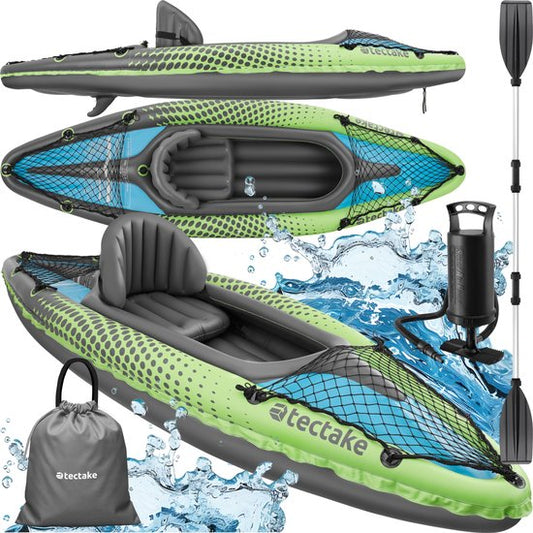 tectake® - Opblaasbare Kajak - Opblaasbare Kano voor 1 persoon met dubbele peddel en accessoires - Zitje, pomp, transporttas - Watersport - Roeiboot