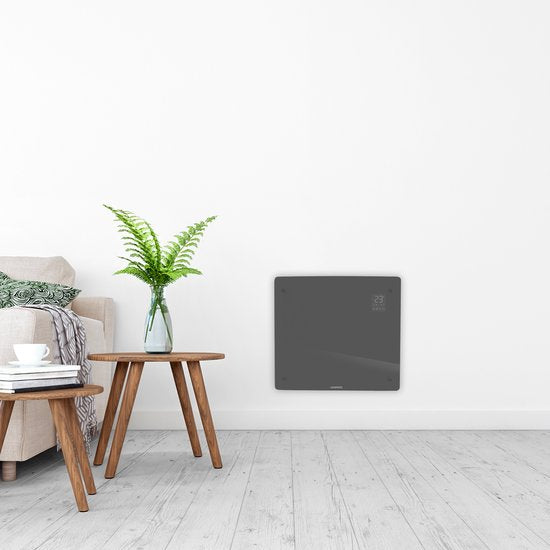 VONROC Luxe elektrische kachel - Convectorkachel met glazen paneel – 500W/1000W - Verwarmt ruimtes tot 12m2 - Bediening zowel met app (via Wifi) als handmatig – Instelbare thermostaat en timer - Grijs