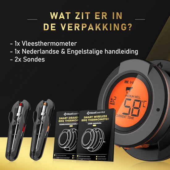 MostEssential AT-02 Vleesthermometer - Slimme BBQ Thermometer - Oventhermometer - Inclusief Bluetooth, App & 2 Meetsondes