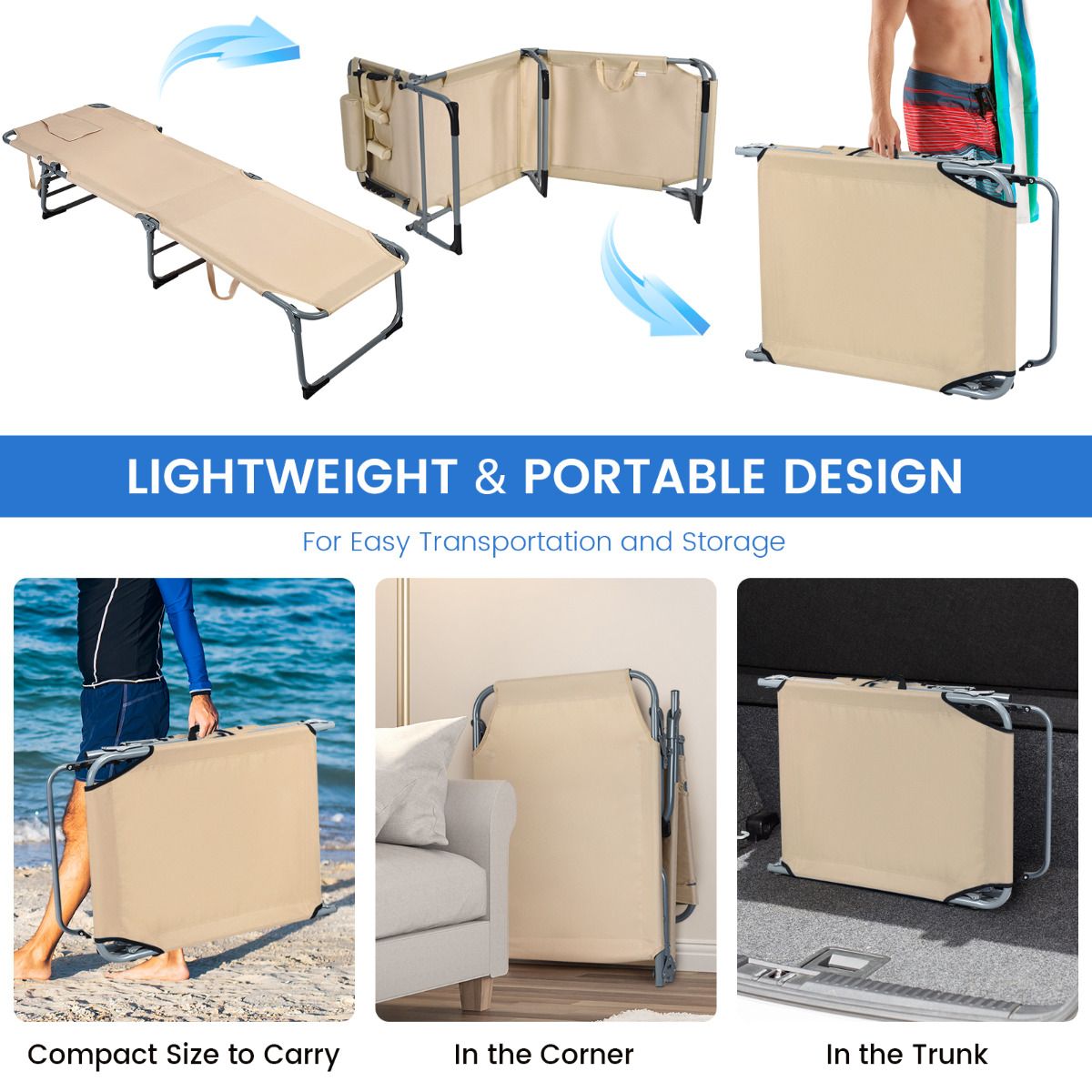 Coast Ligstoel opvouwbaar met Hoofdsteun - Max. 150 kg - 194 x 60 x 36 cm - Beige