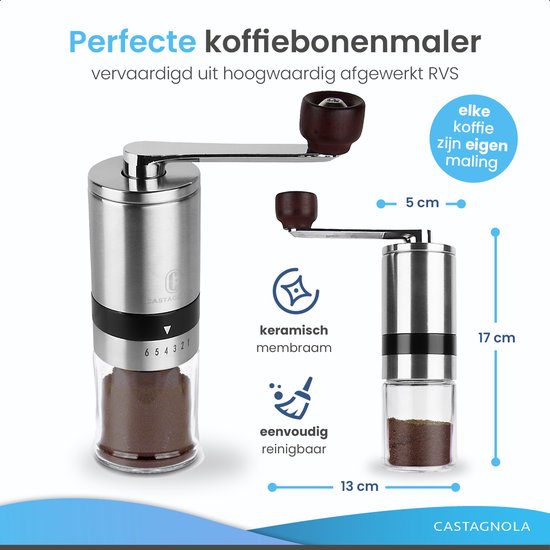 Castagnola Koffiemolen - Handmatige Koffiemaler - Koffiebonen Maler - Bonenmaler met 6 Standen - Kruidenmoler - RVS