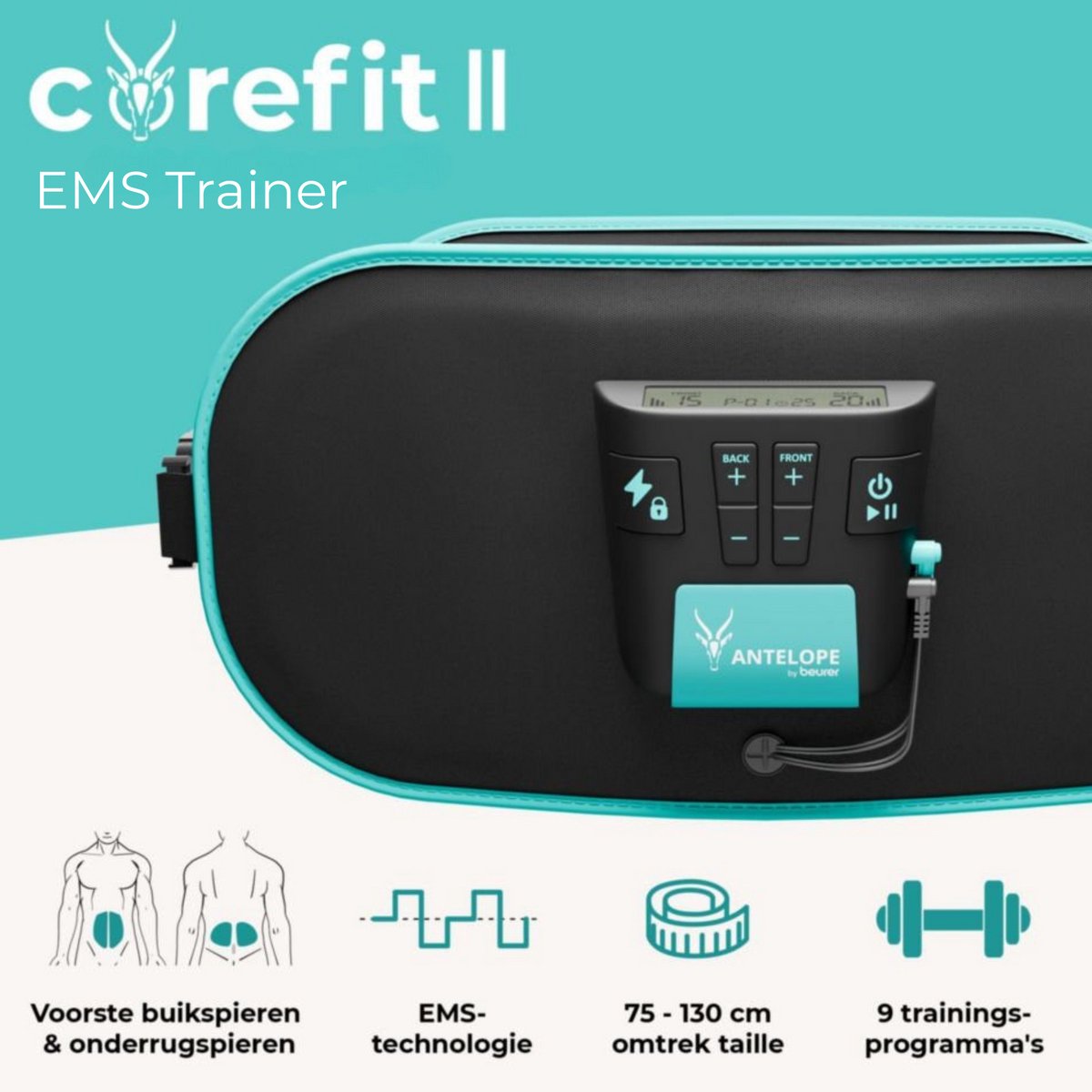 Antelope Corefit II EMS Trainer – Elektrische Buikspiertrainer & Rugspiertrainer – 9 Programma’s – Instelbare intensiteit - Taille 75–130 cm – Incl. Batterijen – Voor Mannen & Vrouwen