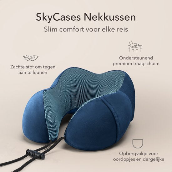 SC Travel Essentials - Nekkussen Set 3-delig - Ergonomisch Memory Foam Reiskussen met Oogmasker en Oordoppen - Ideaal voor Vliegtuig, Auto en Trein - Compact en Luxe - Navy