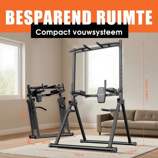DH FitLife Opvouwbare Power Tower Dip Station tot 210 kg | Vrijstaande Optrekstang met Dipbars en Rugtrainer | Krachtstation Krachttoren