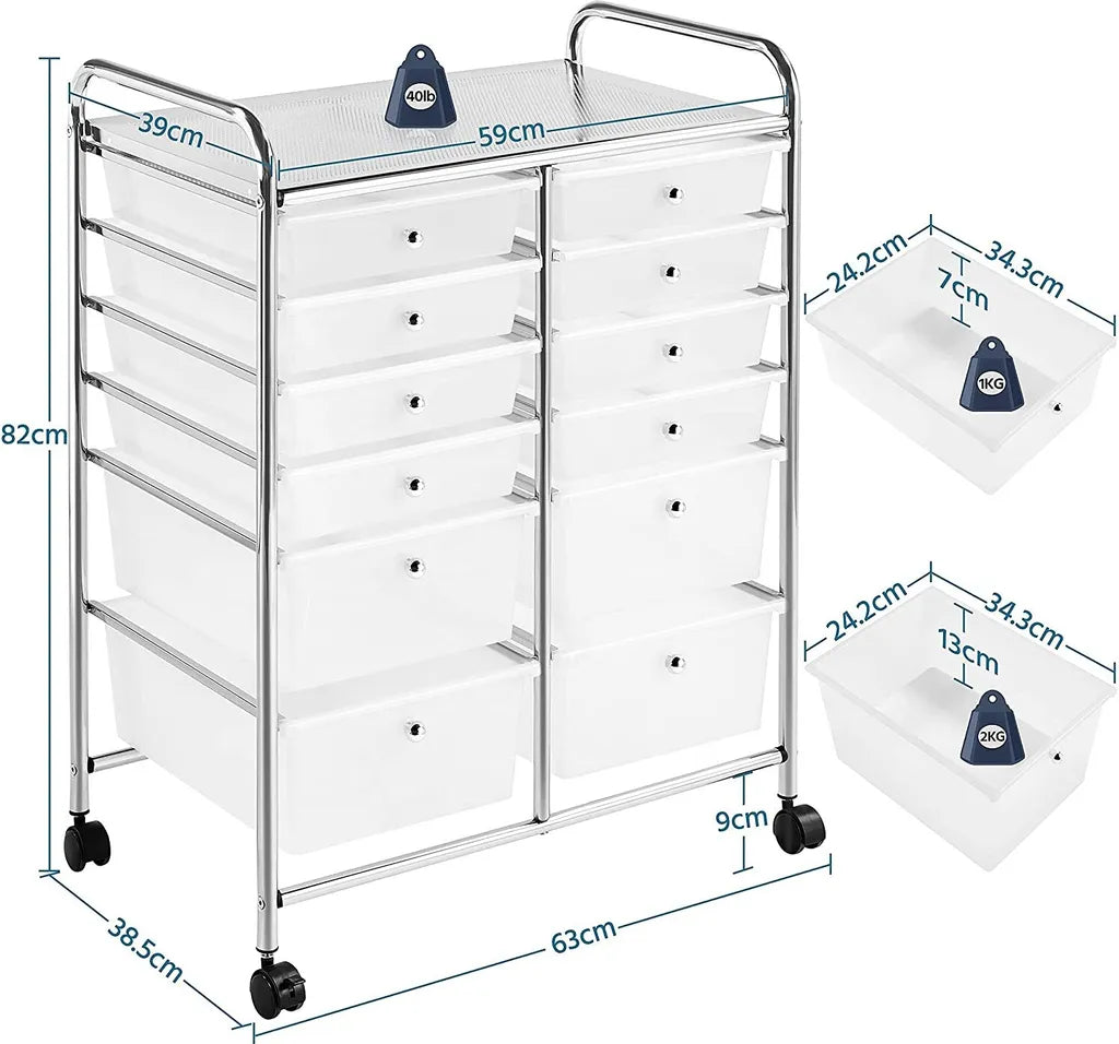 Rolwagen met 12 Lades op Wielen Metalen Frame en Handgrepen Wit 63 × 38,5 × 82 cm