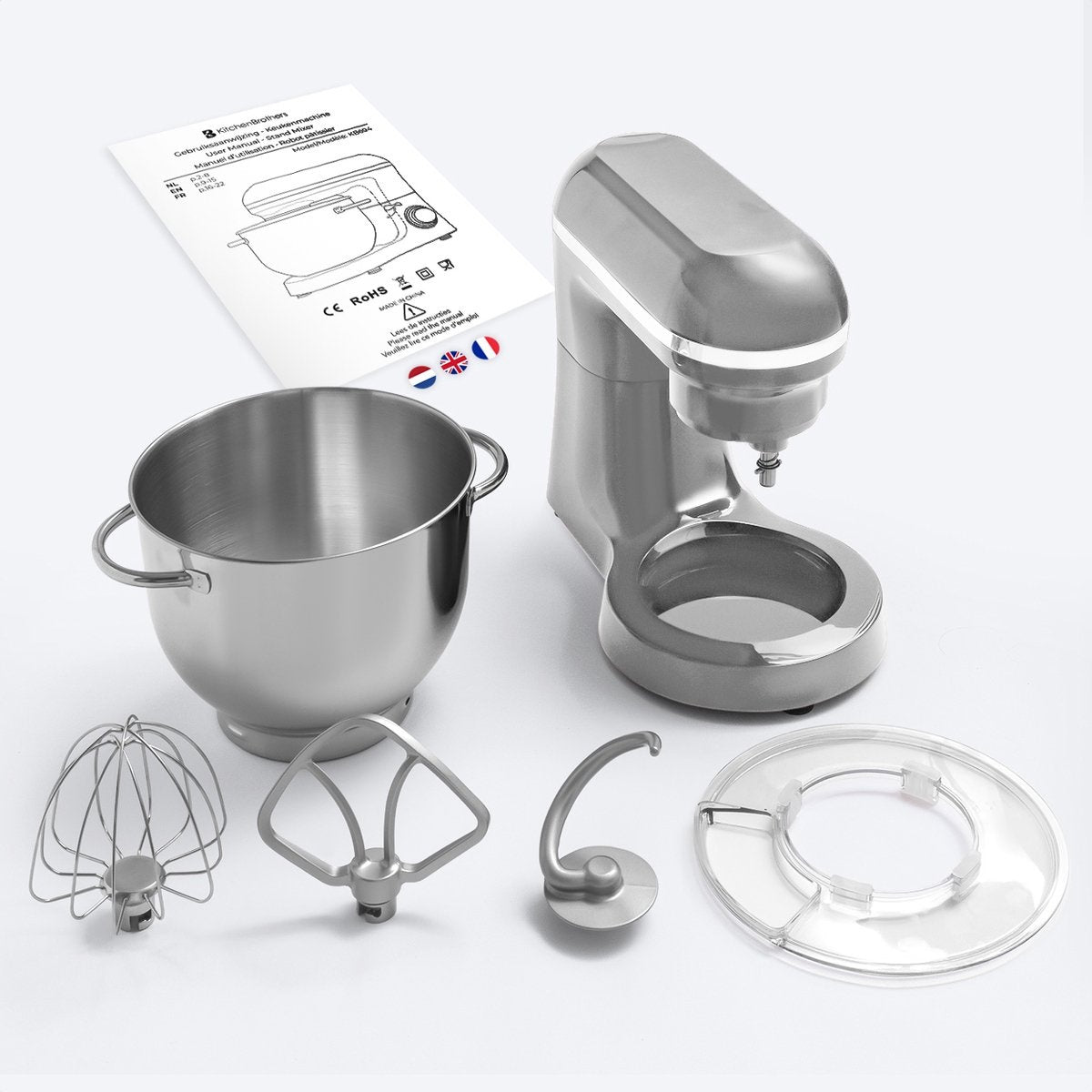 KitchenBrothers Keukenmachine & Mixer – 2000W – 6 Snelheden + Pulse – 6,2L RVS Mengkom – 38,7 x 23,8 x 31,4 cm – Zilver