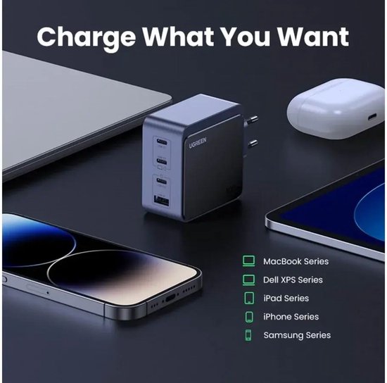 Ugreen Nexode S 100W 4-Port GaN Fast Charger EU gray Mobiele computer, Mobiele telefoon, Laptop, Powerbank, Tablet Grijs AC Binnen