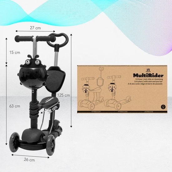 LifeGoods MultiRider - Kinderstep - Duwstang - 2 Lichtgevende Wielen - Zwart
