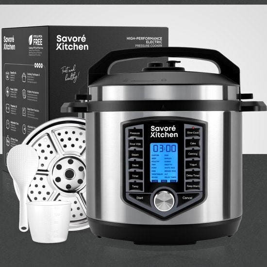 Savoré Kitchen Pressure Cooker – 6L – PFAS Vrij – Snelkookpan, Rijstkoker, Slowcooker, Stomer & Sous-vide in één – Multicooker