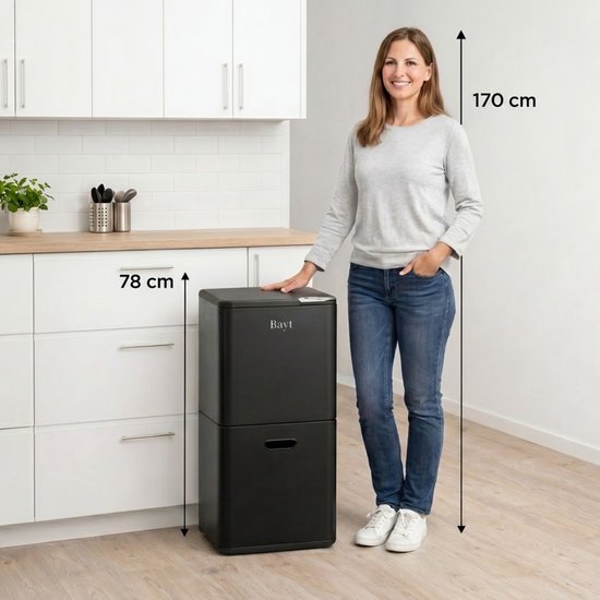 Bayt Prullenbak 60 Liter - Vuilnisbak 60 Liter - Prullenbak Afvalscheiding - 2 Compartimenten - RVS - Zwart