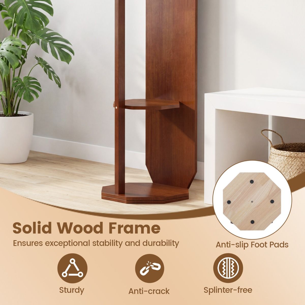 Coast Volledige Lichaamsspiegel met Standaard - 3-in-1 Garderobe - 360° Draaibaar - Walnoot