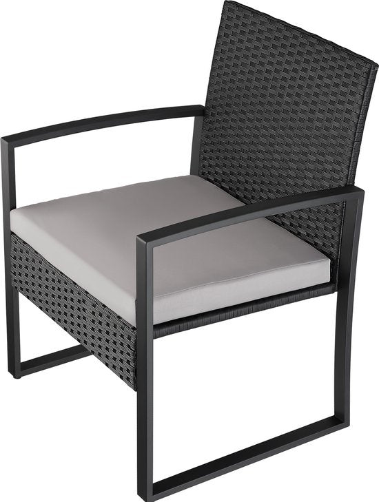 tectake® - wicker zitgroep 2x fauteuils met tafel, balkonmeubelset, tuinmeubelen, balkonmeubilair, kleine lounge, gestoffeerde stoelen inclusief buitentuintafel, weerbestendig - zwart - poly-rattan