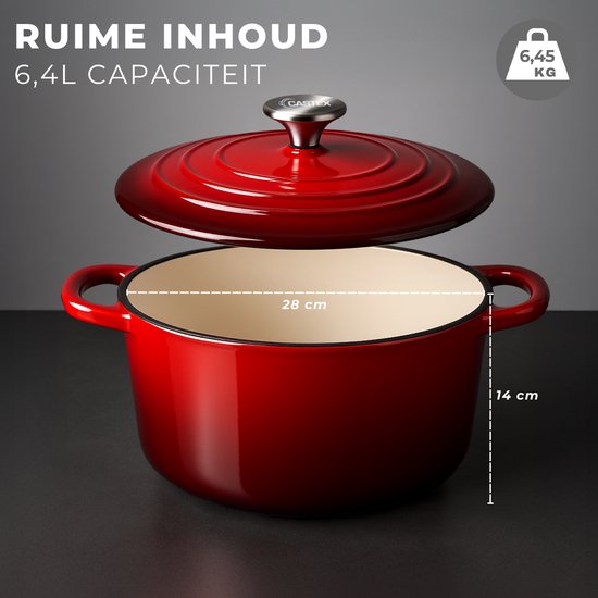 Castex Elegance Royal Gietijzeren Braadpan met Deksel 28 cm - 6,4L - Inductie Pan - Braadpannen Gietijzer – Rood