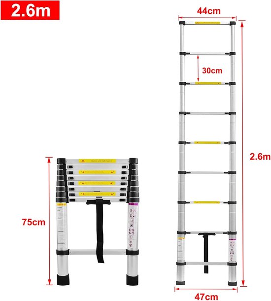 Telescopische Ladder - Telescopische Vouwladder - Werkhoogte - Aluminium - Geschikt voor Particulier en Professioneel Gebruik - Telescopische Vouwladder - Max. Belasting 150 kg