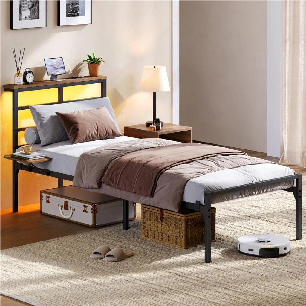 Yaheetech Metalen Bedframe met LED en Oplaadstation, 90x200 cm, Zwart
