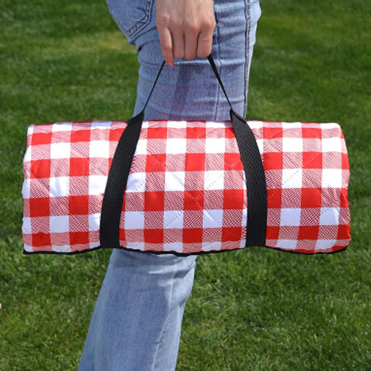 XXL Picknickdeken met waterdichte onderkant - 200 x 200 cm - Met draaggreep - Rood-wit