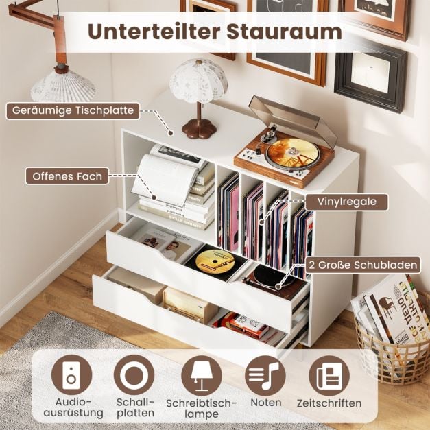 Coast Platenspeler Meubel Wit – Retro Vinylkast met 4 Platenvakken en 2 Lades – 91 x 36 x 87 cm