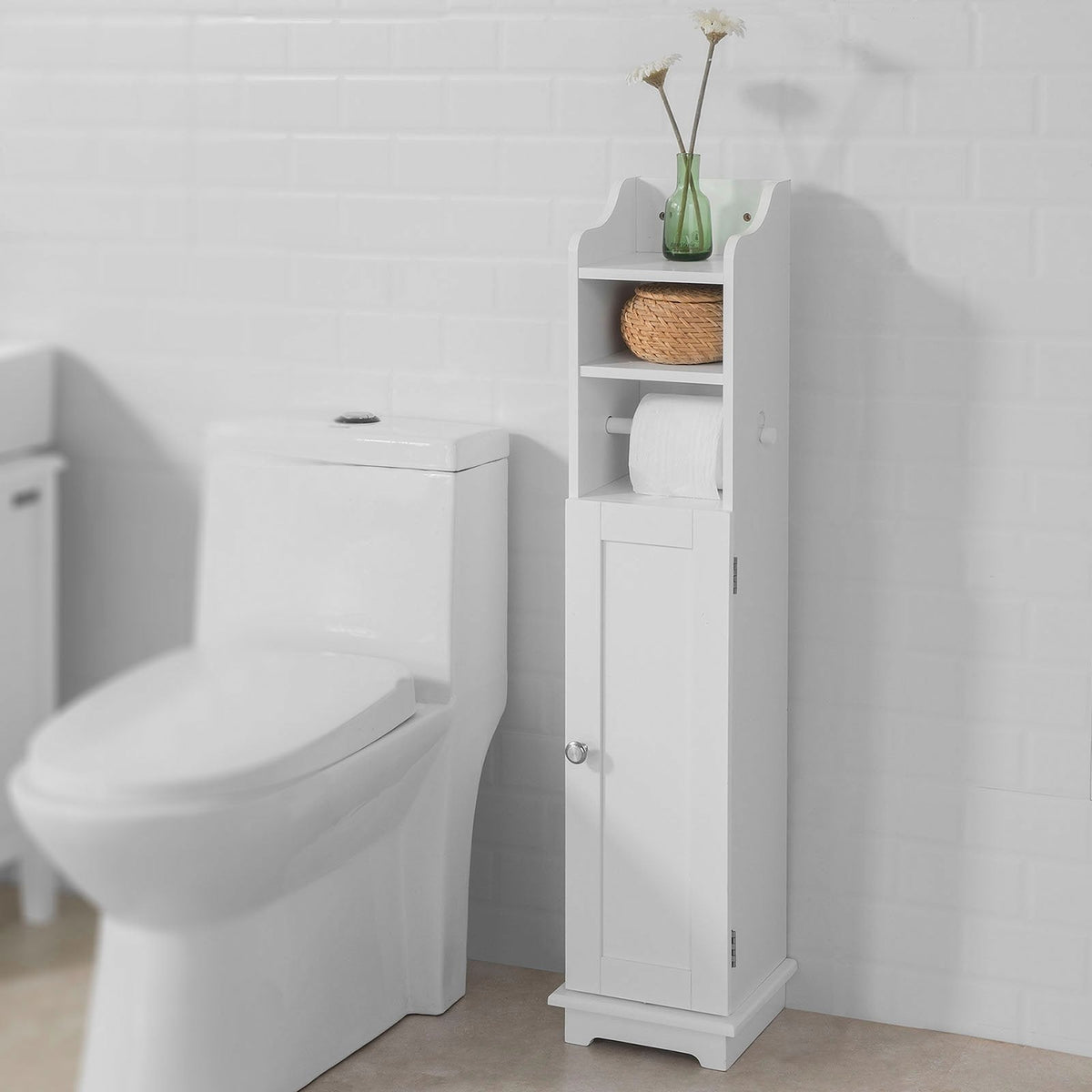 SoBuy Toiletkast met WC-Rolhouder - Wit - 20x100x18 cm