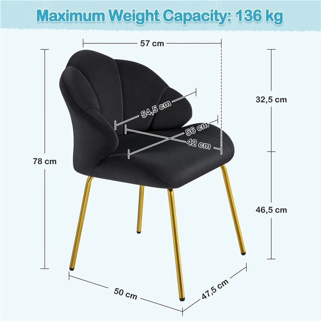 Yaheetech Eetkamerstoel 56 x 57 x 78 cm - Schelpvorm - Fluweel - Zwart