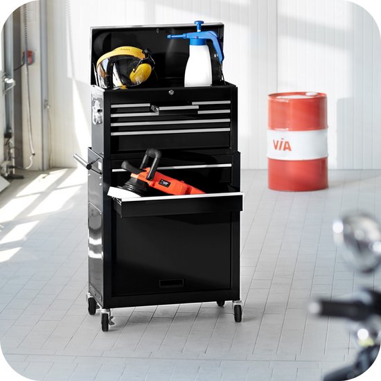 tectake® Werkplaatswagen met Kofferbevestiging - Afsluitbare Gereedschapswagen met 10 Vakken - Mobiele Werkbank van Staal - Wielen met Rem - Lege Gereedschapswagen, Gereedschapskast - Zwart
