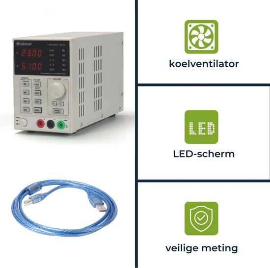 Velleman Laboratoriumvoeding, programmeerbaar via PC, regelbaar, 0-30 VDC/5 A, stroombegrenzing, bescherming tegen kortsluiting, twee 4-cijferige led-schermen, USB-aansluiting