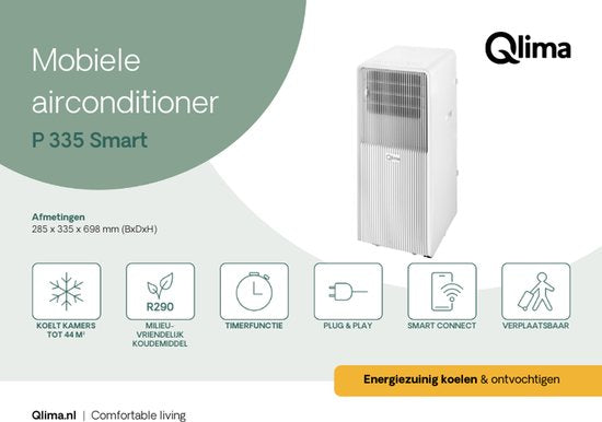 Qlima P 335 Smart - Mobiele Airco - 12000 BTU - Koelen, Ontvochtigen en ventileren - Geschikt voor ruimtes tot 107 m3 - Energielabel A