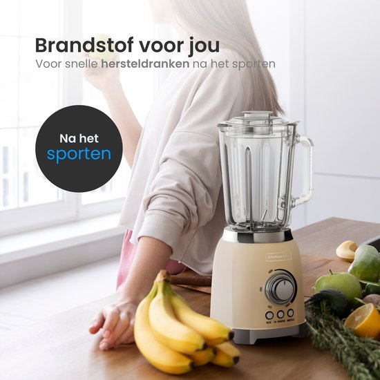 KitchenApp Retro Blender 1,5L – Glazen kan – 800W – Crushed Ice, Smoothie & Pulse – Beige