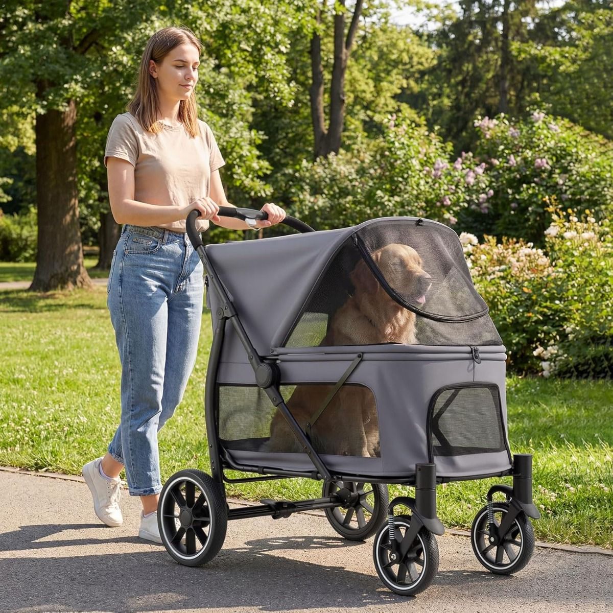 Coast Hondenbuggy - terreinbanden - lage instap - verstelbare zonnekap - grijs
