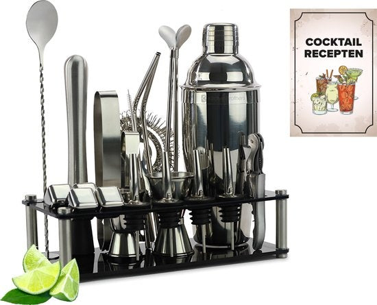 KitchenBrothers Cocktail Set met Cocktailshaker - 24 Delig - Uitgebreide Set - Cadeauverpakking - Zwart/Acryl