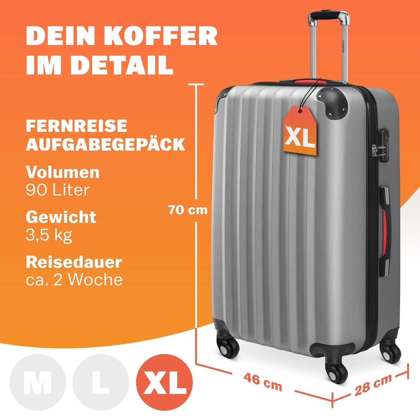 Hard Shell Koffer XL - 90L - 360° Wielen - ABS - Zilver