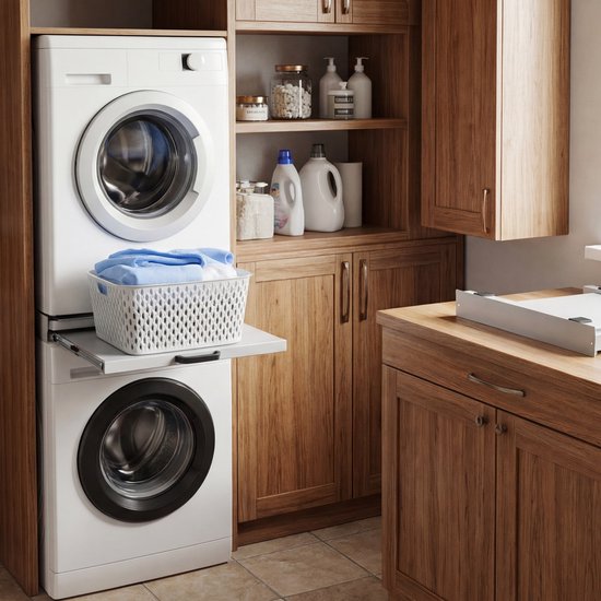 Vonia Tussenstuk Wasmachine Droger - Stapelkit Wasmachine Droger - Universeel - Uitschuifbare werkblad - Wit