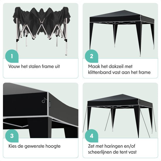 LifeGoods Partytent - Paviljoen - Easy Up - Opvouwbaar - Waterdicht - Met Draagtas - 300 x 300 cm – Zwart