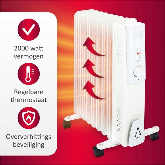 alpina Elektrische Olieradiator YL-A07S09 - 2000W - Elektrische Kachel - Instelbare Thermostaat - Op Wieltjes - Koord Opslagruimte - Oververhittingsbeveiliging - Wit