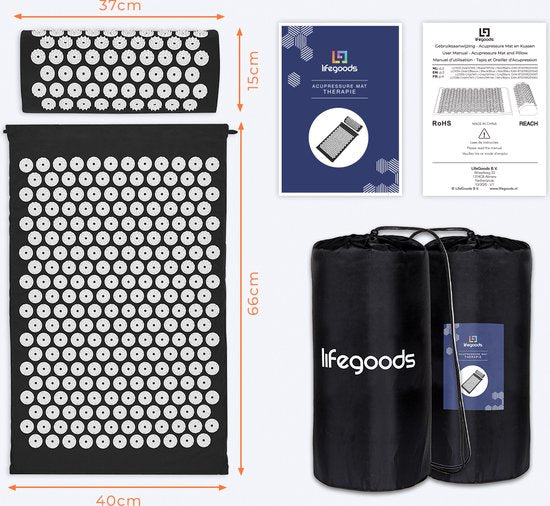 LifeGoods Acupressuur Mat met Kussen - Shakti mat - Spijkermat Incl. 2x Triggerpoint Bal - 66x40x2cm - Zwart/Wit