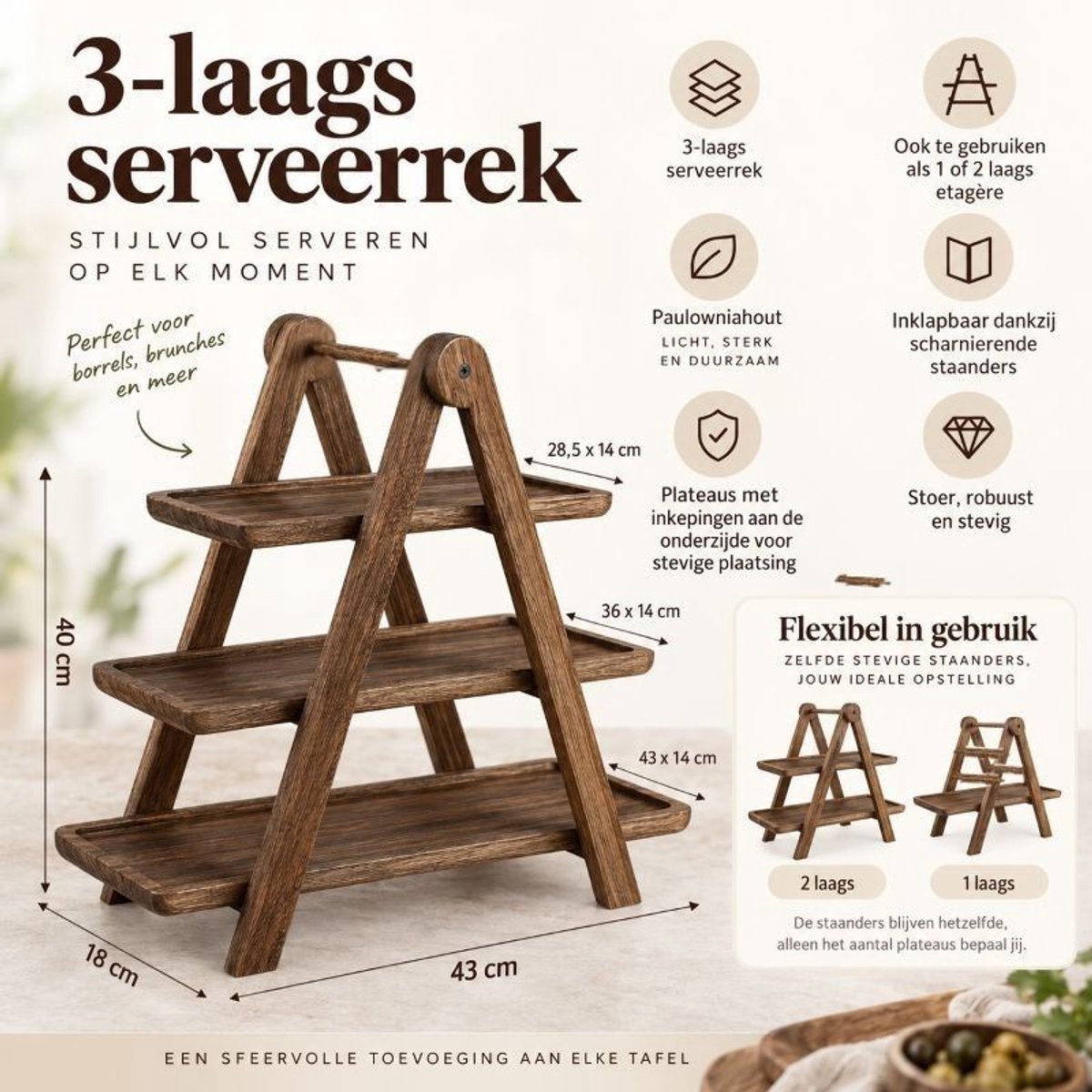 Ceruzo Houten Serveerrek met 3 Lagen – Inklapbare Etagère – 43 x 18 x 40 cm