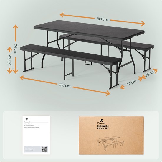 LifeGoods Inklapbare Picknickset - 180cm x 74cm - Tuintafel met 2 Banken - Weerbestendig - Campingtafel - Biertafel Opklapbaar - Voor Binnen en Buiten - Voor 6 tot 8 Personen - Rattan Zwart
