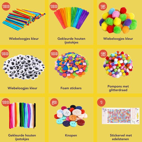 Vaive Knutselset 800-delig - Knutselen Meisjes & Jongens - Kralen, Veren, Pompons & Wiebeloogjes - Knutselkoffer - Knutselspullen - Knutselpakketten