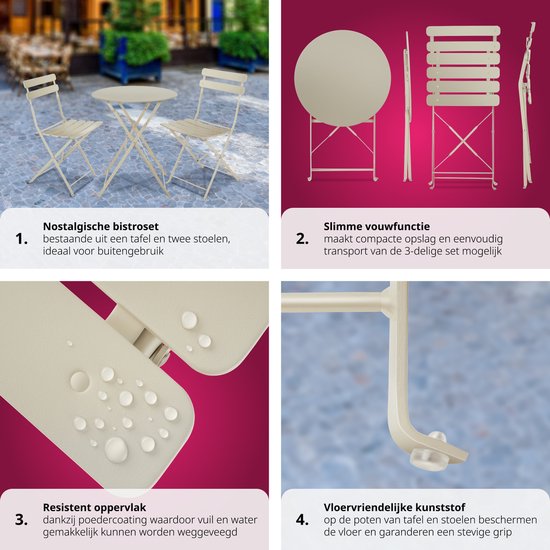 tectake® - Inklapbare bistroset voor 2 personen met stalen frame, tafel en tuinstoelen - Voor balkon en terras - Buitenset - Tuinset - Klaptafel en klapstoelen - elegant design - creme