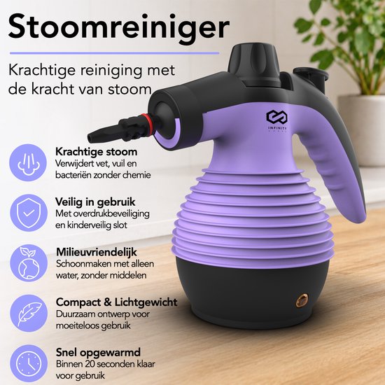 Infinity Goods Stoomreiniger - 12-in-1 Handstoomreiniger - Handstomer - Vlekkenreiniger - Tapijtreiniger - 10 Opzetstukken - 1050 Watt - 3.2 Bar - Paars