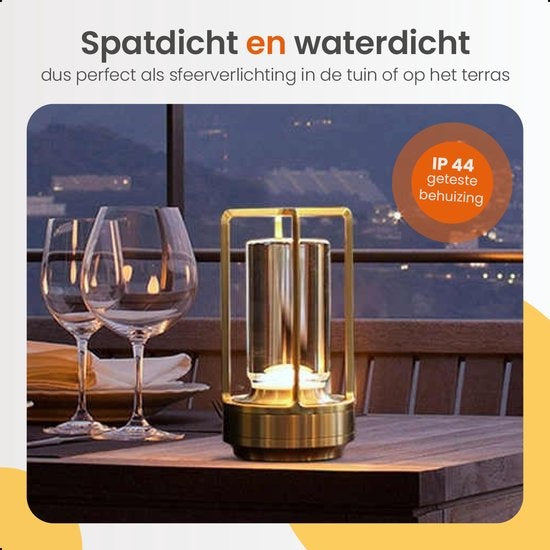 Goliving Tafellamp Oplaadbaar – Lantaarn – Draadloos en dimbaar – Moderne touch lamp – Nachtlamp Slaapkamer – 17.5 cm – Goud