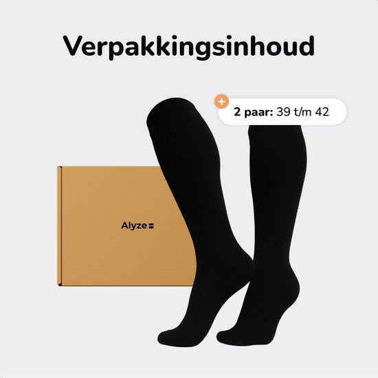 Alyze Compressie kousen - 2 paar - maat 39-42 - Steunkousen - Compressie sokken voor Hardlopen, Wandelen, Vliegtuig - Zwart