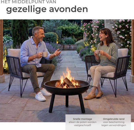 tectake® Vuurkorf Diablo - Hittebestendig Staal - Vuurschaal met Vuurpook - Ø 57,5 cm - Tuinhaard - Sfeerhaard voor Buiten - Met Handgrepen en Waterafvoer - Voor Brandhout en Houtskool