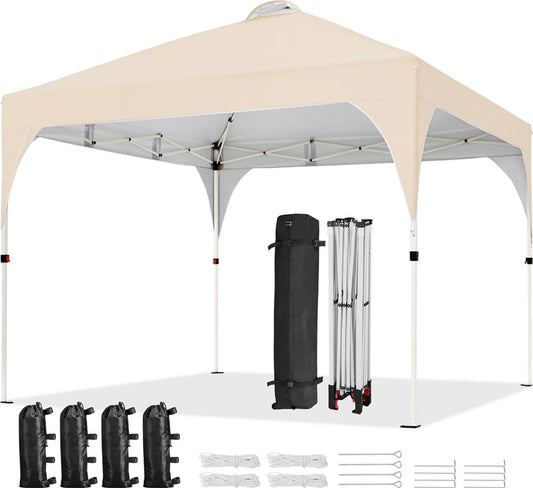 Yaheetech Pop-up Paviljoen 3 × 3 m In Hoogte Verstelbaar met Wieltas, Zandzakken en Haringen Beige