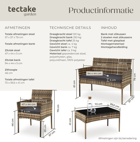 tectake® - Wicker tuinset Palese - Zitgroep voor 4 personen - Tuinmeubelset met loungebank, tuintafel en 2 tuinstoelen inclusief zitkussens - Tuinmeubelen - Waterafstotend - Grijs
