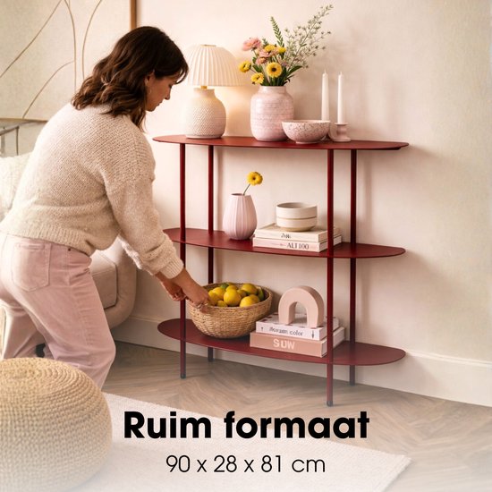 Mica Decorations Wandrek – Opbergrek en Metalen Wandrek voor Decoratie Woonkamer – Geschikt voor Planten en Accessoires – Stevig Rek van IJzer – 90 x 28 x 81 cm – Rood