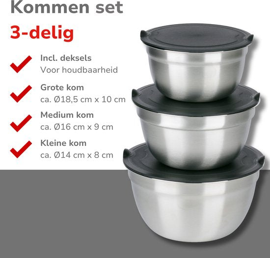 alpina RVS Kommen 3-Delig met Deksel - Slakom Voor Salades - Beslagkom met Deksel - Schalen Voor Mengkom en Bewaren - Snackschaal