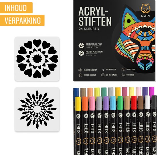 NAPI 24 Acrylstiften Dual Tip - Twinmarkers - Verfstiften Happy Stones - Stenen Schilderen met Acryl Verf Marker Stiften - Volwassenen en Kinderen - Incl. 2 Mandala Sjablonen